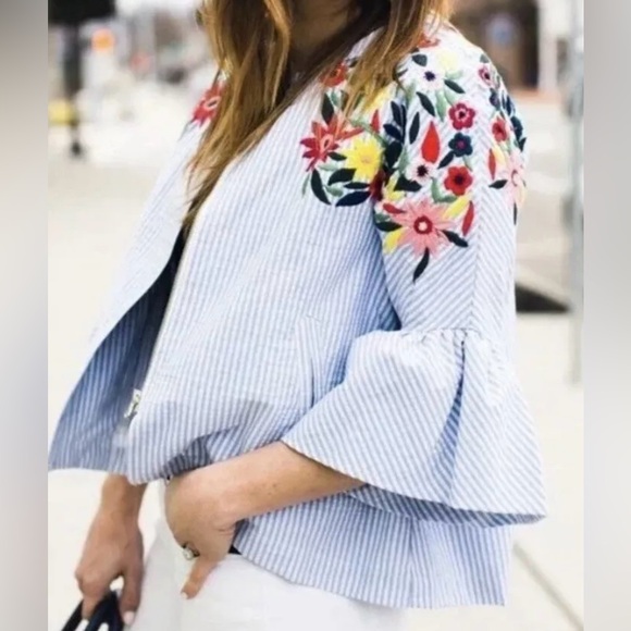 Zara Blue & White Striped Floral Embroidered Full Zip Up Jacket Blouse - Picture 1 of 15